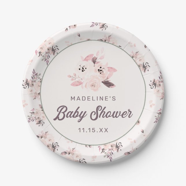 Chic Blush Peach & Mauve Floral Baby Dusche Pappteller (Vorderseite)
