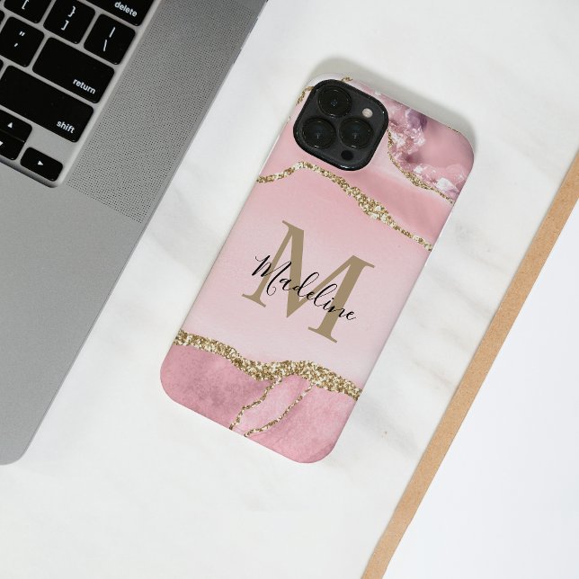 Chic Blush Pink Agate Geode Gold Script Monogram iPhone Hülle (Von Creator hochgeladen)