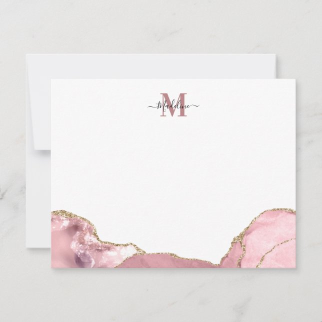 Chic Blush Pink Agate Geode Marble Monogram Hinwei Mitteilungskarte (Vorderseite)