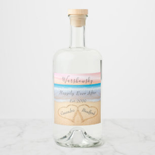 Chic Blush Pink Beach Hochzeit 2 Herz Sand Liquor Alkoholflaschenetikett