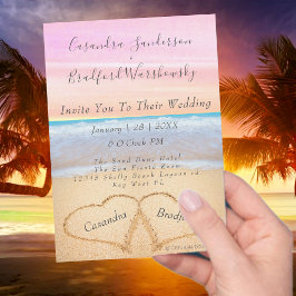 Chic Blush Pink Beach Hochzeit 2 Herzen im Sand Einladung