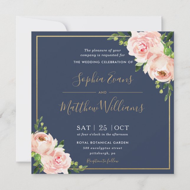 Chic Blush Pink Blumengrün Hochzeit der Marine Einladung (Vorderseite)