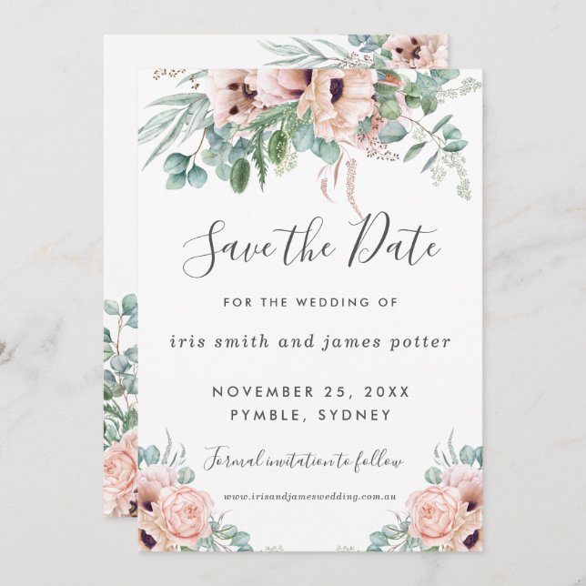Chic Blush Pink Blumengrün Save the Date Karte (Vorne/Hinten)