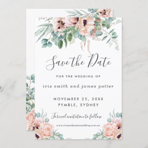 Chic Blush Pink Blumengrün Save the Date Karte