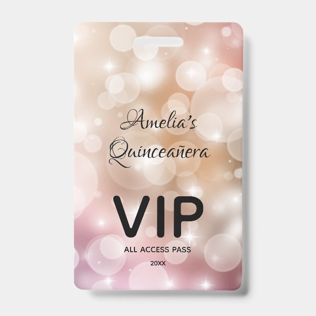 Chic Blush Pink Bokeh Quinceañera Invite VIP Pass Ausweis (Vorderseite)
