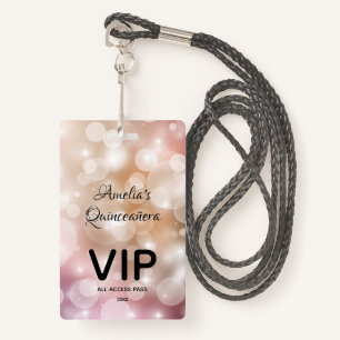 Chic Blush Pink Bokeh Quinceañera Invite VIP Pass Ausweis