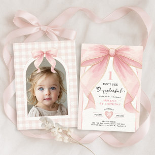Chic Blush Pink Bow ONEderful Girl 1. Geburtstag Einladung