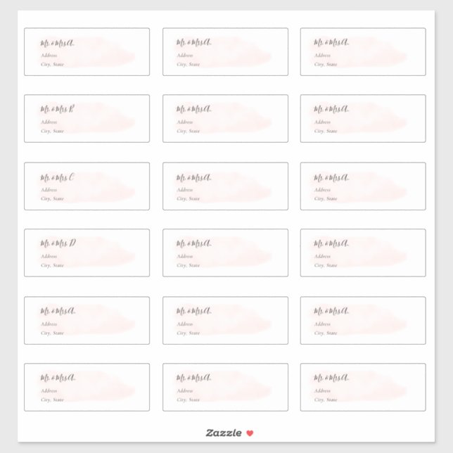 Chic Blush Pink Brushed Watercolor Gastadresse Aufkleber (Blatt)