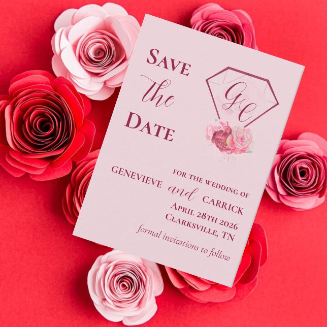 Chic Blush Pink & Crimson Red Save the Date Card (Von Creator hochgeladen)