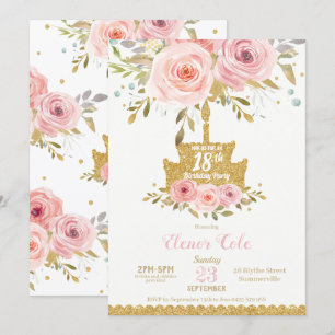Chic Blush Pink Floral 18. Geburtstagskuchen Einladung