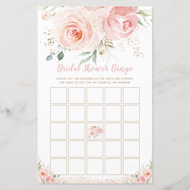 Chic Blush Pink Floral Brautparty Bingo Spiel (Vorderseite)