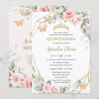 Chic Blush Pink Floral Butterfliegen Quinceañera Einladung