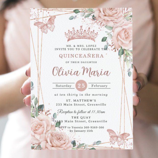 Chic Blush Pink Floral Butterfliegen Quinceañera Einladung (Von Creator hochgeladen)