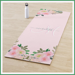 Chic Blush Pink Floral Custom Monogram Name Yogamatte