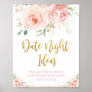 Chic Blush Pink Floral Gold Datum Nachttischlampen Poster