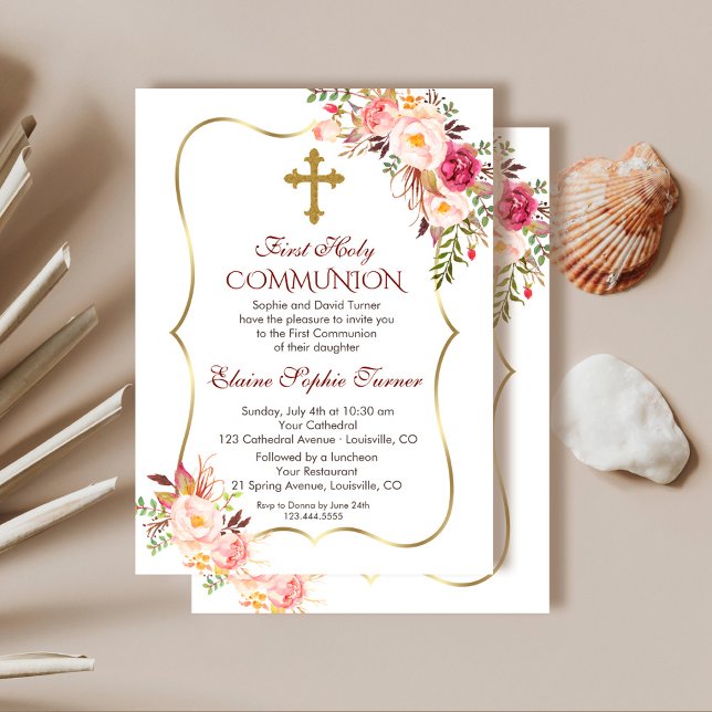 Chic Blush Pink Floral Gold Erste heilige Kommune Einladung (floral gold holy communion invitation, trendy blush floral communion invitation, pink  communion)
