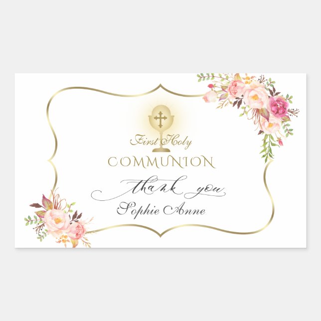 Chic Blush Pink Floral Gold Erste heilige Kommune Rechteckiger Aufkleber (Vorderseite)