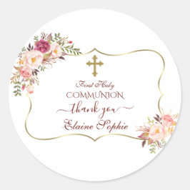 Chic Blush Pink Floral Gold Erste heilige Kommune Runder Aufkleber