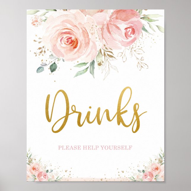 Chic Blush Pink Floral Gold Foliage Drinks Zeichen Poster (Vorne)