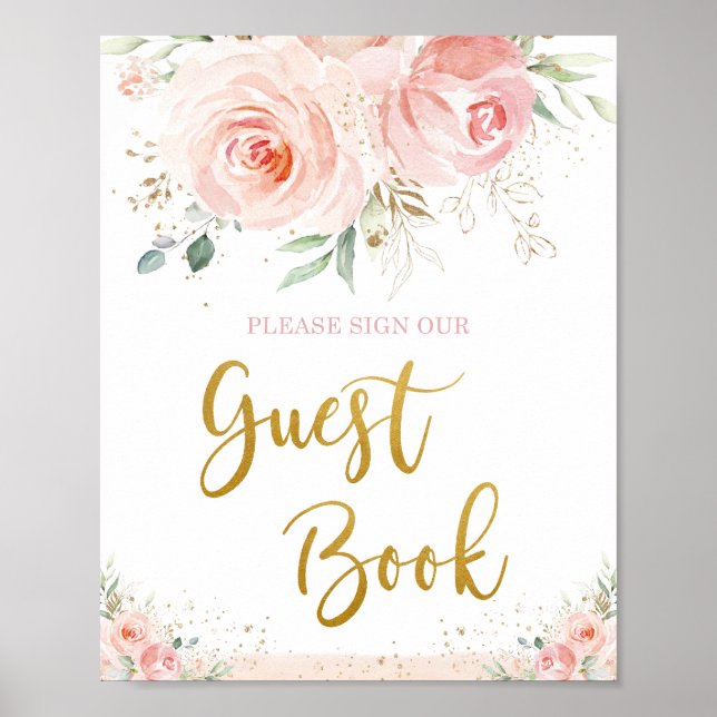 Chic Blush Pink Floral Gold Foliage Gästebuch (Vorne)