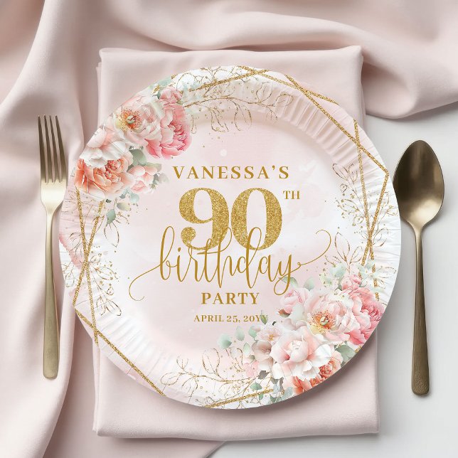 Chic Blush Pink Floral Gold Frame 90th Birthday  Pappteller (Chic Blush Pink Floral Gold Frame 90th Birthday Plates)