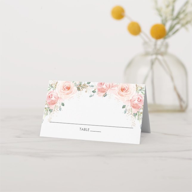 Chic Blush Pink Floral Gold Gastname Platzkarte (Vorderseite)