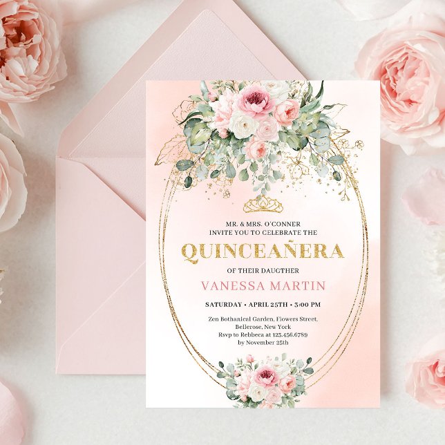 Chic Blush Pink Floral Gold Quinceañera Boho Invit Einladung (Chic Blush Pink Floral Gold Quinceañera Boho Invite)
