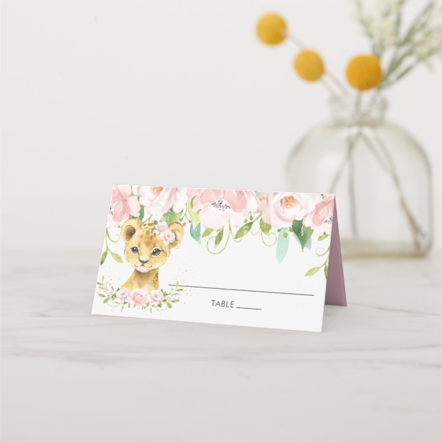 Chic Blush Pink Floral Lion Cub Gastname Platzkarte (Vorderseite)