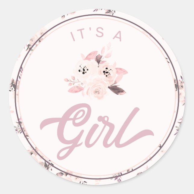 Chic Blush Pink Floral New Baby Es ist ein Mädchen Runder Aufkleber (Vorderseite)