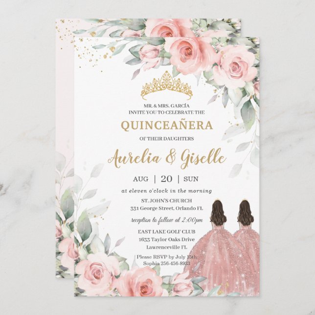 Chic Blush Pink Floral Rose Gold Twins Quinceañera Einladung (Vorne/Hinten)