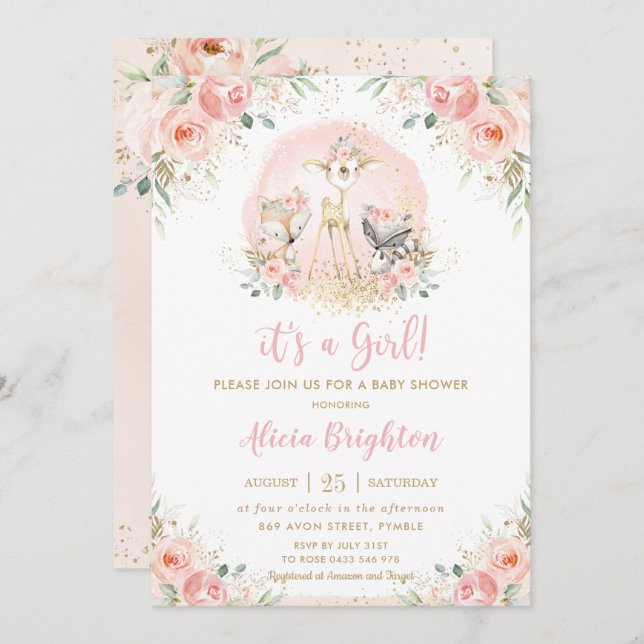 Chic Blush Pink Floral Woodland Girl Babydusche Einladung (Vorne/Hinten)