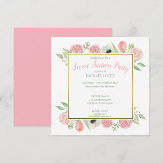 Chic Blush Pink Florals | Gold Frame 16 . Geburtst Einladung