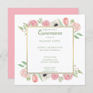 Chic Blush Pink Florals   Gold Frame Quinceanera Einladung