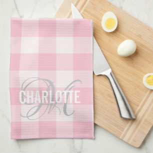 Chic Blush Pink Gingham Monogram Name Geschirrtuch