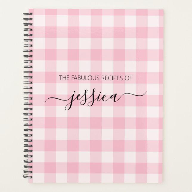Chic Blush Pink Gingham Skriptname Rezept Planer (Vorderseite)