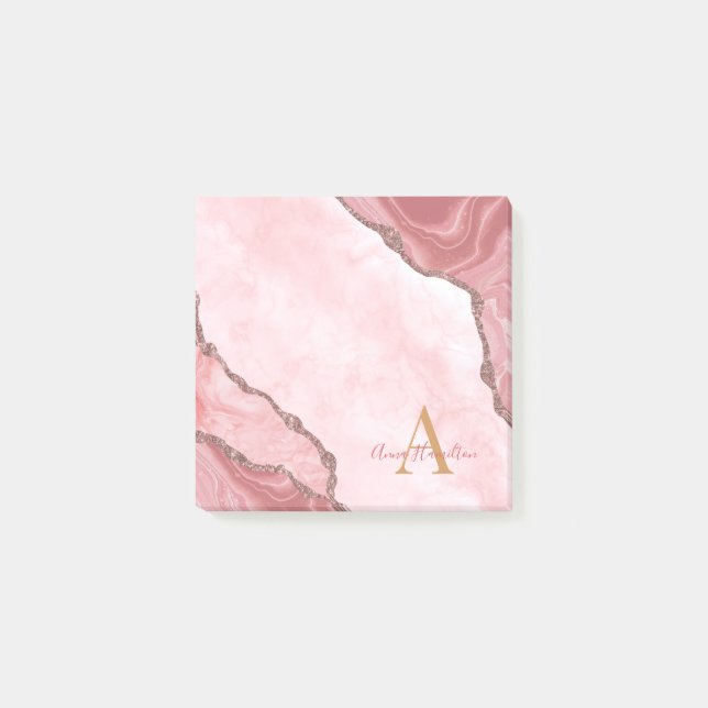 Chic Blush Pink Gold Agate Geode Monogram Post-it Klebezettel (Vorderseite)