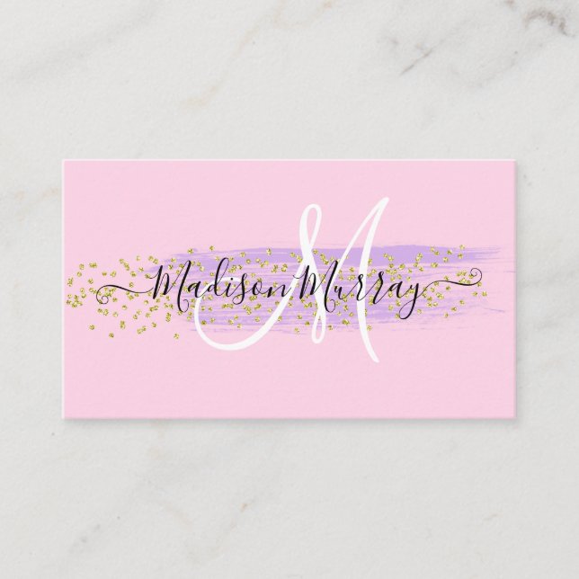 Chic Blush Pink Gold Confetti Lilac Monogram Name Visitenkarte (Vorderseite)