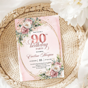 Chic Blush Pink Gold Eukalyptus 90. Geburtstag Einladung
