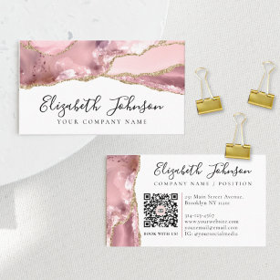 Chic Blush Pink Gold Glitzer Agate Marble QR Code Visitenkarte