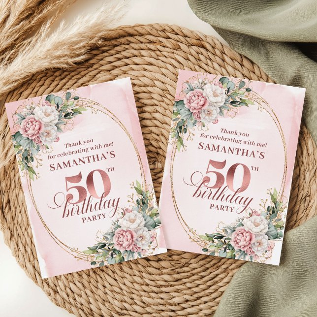 Chic Blush Pink Greenery 50. Geburtstag Danke  (Chic Blush Pink Greenery 50th Birthday Thank You Card)