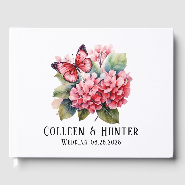 Chic Blush Pink Hydrangea Butterfly Wedding Gästebuch (Vorderseite)