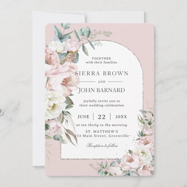 Chic Blush Pink Ivory Peonies Floral Arch Hochzeit Einladung (Vorderseite)