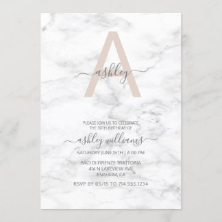 Chic Blush Pink Marmor Monogram 30. Geburtstag Einladung
