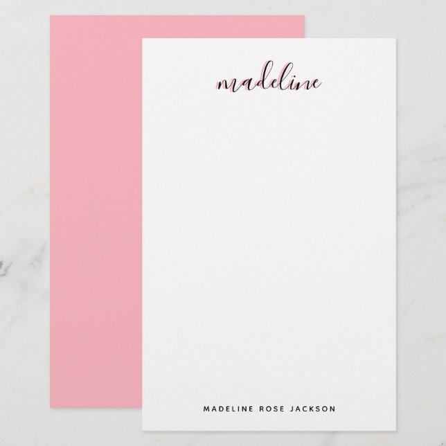 Chic Blush Pink mit schwarzem kalligraphischen Nam Briefpapier (Vorne/Hinten)