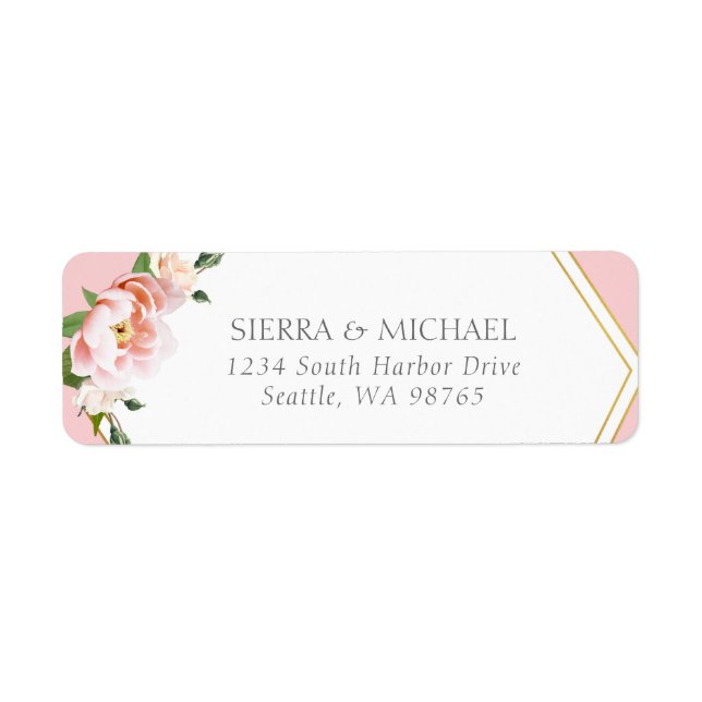 Chic Blush Pink Peony Gold Wedding Rücksendeadress (Vorne)