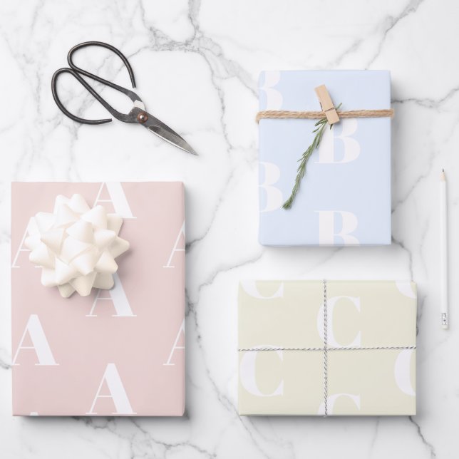 Chic Blush Pink Pine Blass Blue Creme Custom Monog Geschenkpapier Set (Vorderseite)