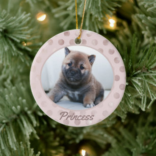 Chic Blush Pink Polka Dots Pet Foto Weihnachten Keramik Ornament
