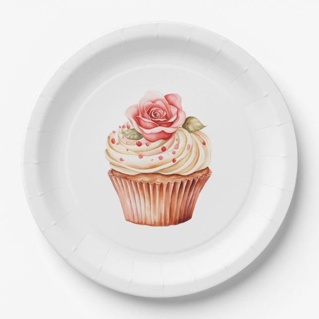 Chic Blush Pink Rose Cupcake Geburtstag Pappteller (Vorderseite)