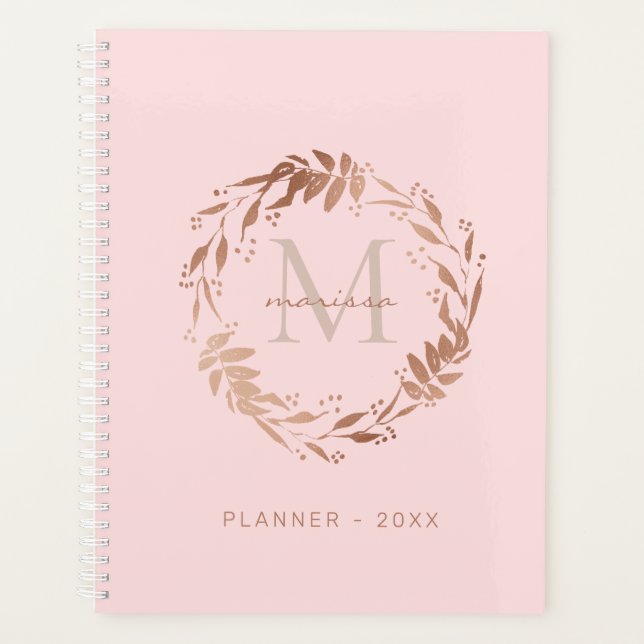 Chic Blush Pink Rose Gold Custom Monogram Planer (Vorderseite)