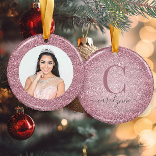 Chic Blush Pink   Rose Gold Glitzer Monogram Foto Keramik Ornament